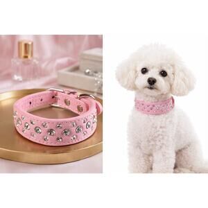 Pretty Diamond Crystal Rhinestone Collar Dog Puppy Cat PINK PU Leather Small